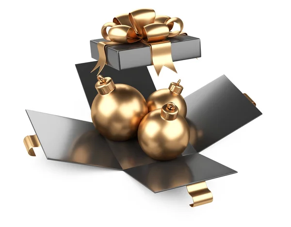 Золотые Рождественские Игрушки Открытой Черной Подарочной Коробке Изолированный Белом Фоне — стоковое фото