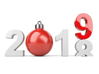 2018 2019 kavramı - önden görünüm değiştirin. Hristmas ağaç oyuncak yeni yıl beyaz ve kırmızı simgeyle temsil eder