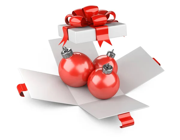 红色圣诞球玩具在开放的白色礼品盒 隔离在白色背景3D — 图库照片