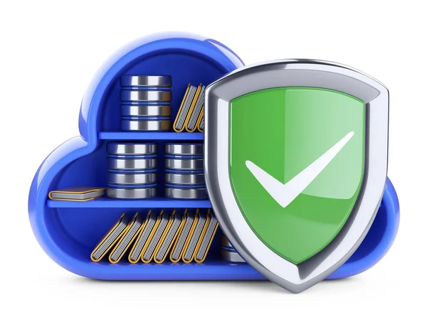 Green shield protects the database cloud computing - front view. 3d illustration over white background.