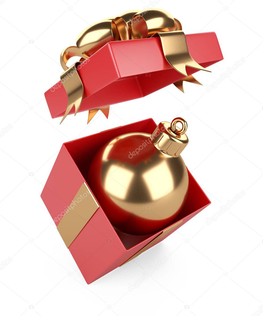 Golden christmas ball toy in open red gift box. Isolated on white background 3d illustration.