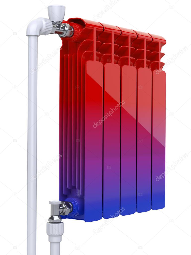 Gradient from cold to hot - heater concept. Aluminum heating radiator with valves and pipes for connection. Isolated on white background 3d illustration.
