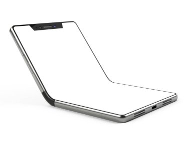 Esnek katlanabilir smartphone kavramı - şablon beyaz ekran ile. 3d illüstrasyon izole beyaz arka plan üzerinde.