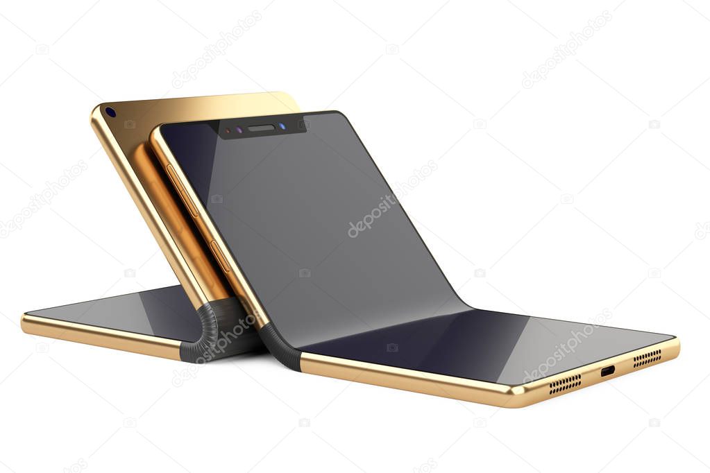 Two golden fexible foldable smartphone - concept. 3D illustration isolated over white background.