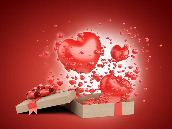 打开礼物与飞行的心从盒子 情人节明信片设计 爱的象征 例证查出了在红色背景 — 图库照片