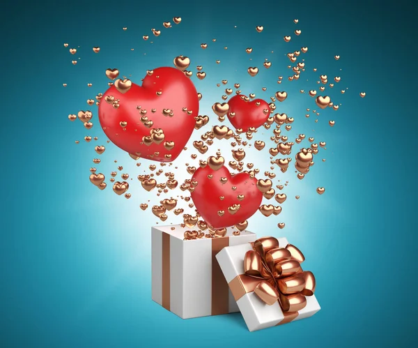 Open gift box with flying hearts from the inside. Valentines day postcard design - symbols of love. 3d illustration isolated over blue background.