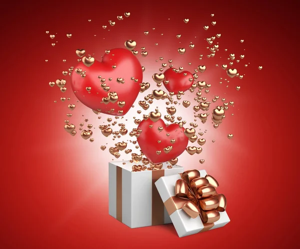 内側から心を飛んでオープン ギフト ボックス バレンタインの日のはがきのデザイン 愛のシンボル 赤い背景に分離した イラスト — ストック写真