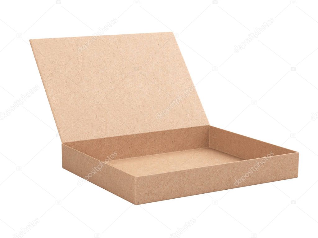 Open empty cardboard box from recycled paper, isolated on white background 3d illustration.