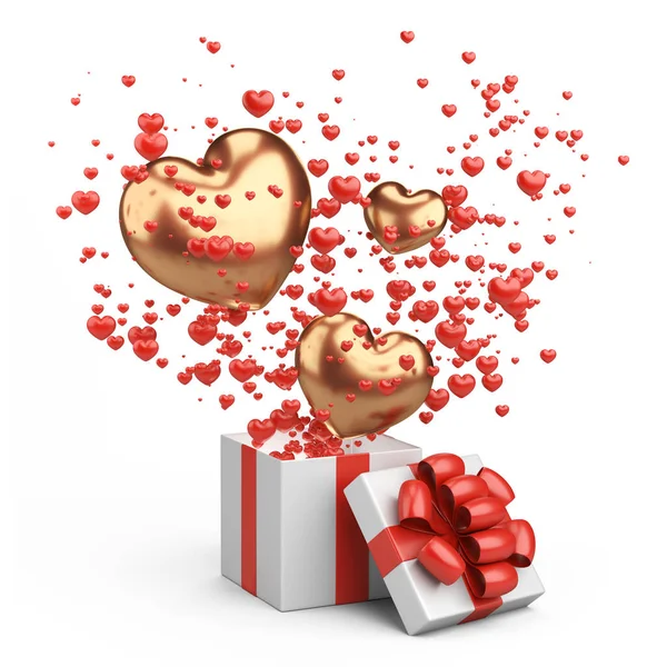 Open Geschenk Met Flying Golden Rode Harten Van Doos Valentines — Stockfoto