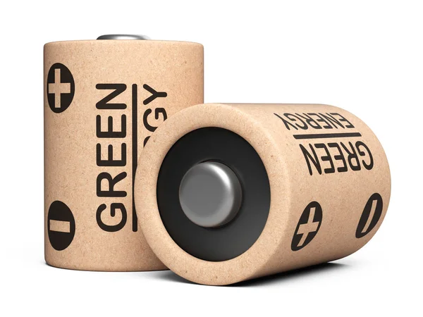 Twee Eco Batterij Gemaakt Van Natuurlijke Componenten Kringlooppapier Groene Energieconcept — Stockfoto