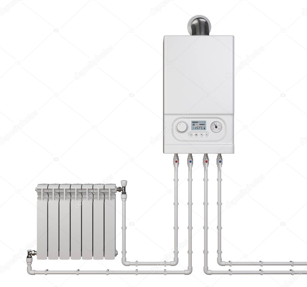 Gas boiler and heater radiator with pipelines for house - front view. Heating system. 3d illustration isolated over white background.