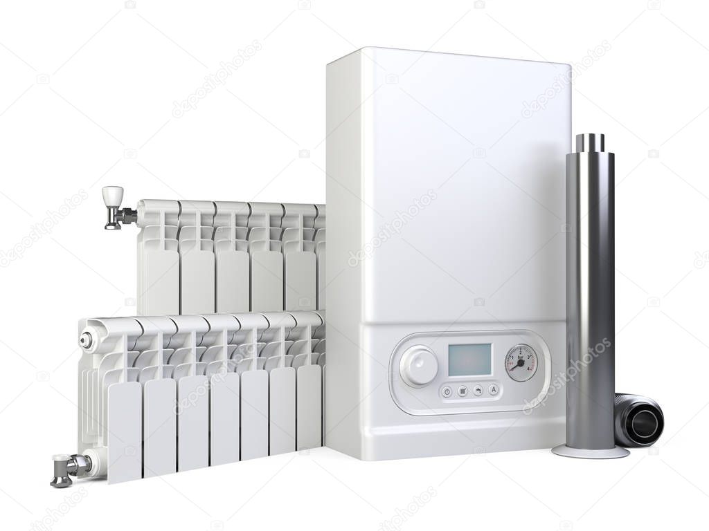 Gas boiler, heater radiator set and chimney pipe for house. Heating system. 3d illustration isolated over white background.