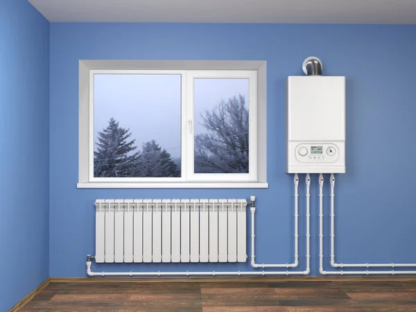 stock image Gas boiler and heater radiator with pipelines on blue wall with window in house. Heating system.  3d illustration isolated over white background.