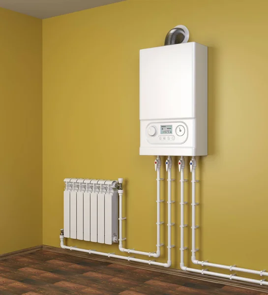 Gas boiler and heater radiator with pipelines on orange wall in house. Heating system. 3d illustration isolated over white background.