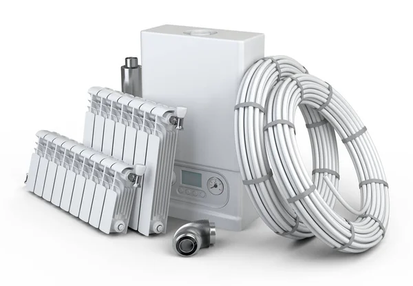 Gaz Kombi, kalorifer radyatör kümesi ve baca boru house - önden görünüm için. Isıtma sistemi. 3d illüstrasyon izole beyaz arka plan üzerinde.