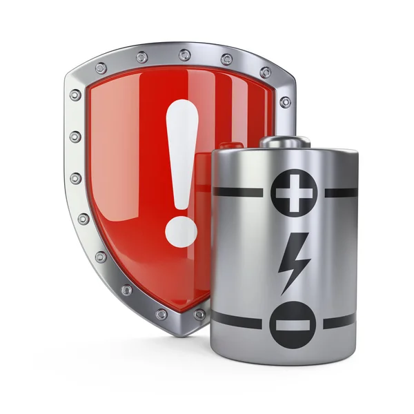 Battery Metallic Shield Exclamation Mark Danger Illustration Isolated White Background — Stock Photo, Image