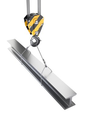 Vinç kanca çelik halatlarla asılı çelik ışın.