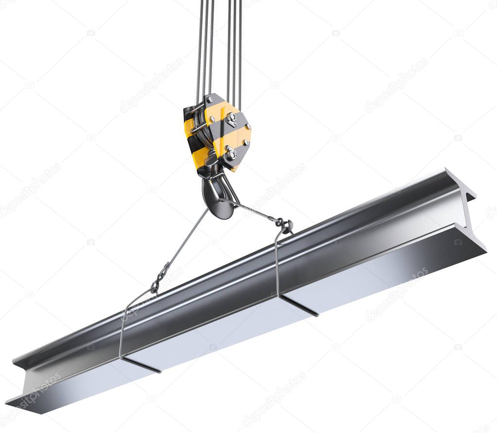 Crane hook hanging on a steel ropes with steel I-beam.