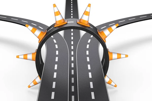 Junção anel de intersecção estrada em forma e cones de tráfego . — Fotografia de Stock