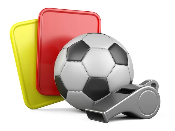 Bola de futebol, apito de árbitro com cartões amarelos e vermelhos . — Fotografia de Stock