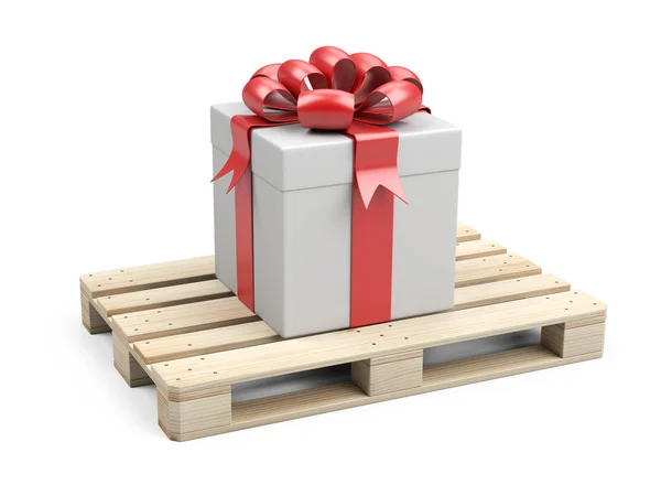 Дерев'яна підлога з подарунковою коробкою, стрічками та червоним бантом. Святкова відданість — стокове фото