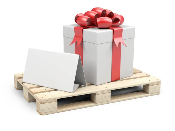Ξύλινη παλέτα με κουτί δώρου, κορδέλες και κόκκινο τόξο. Με ένα τέμπλο — Φωτογραφία Αρχείου