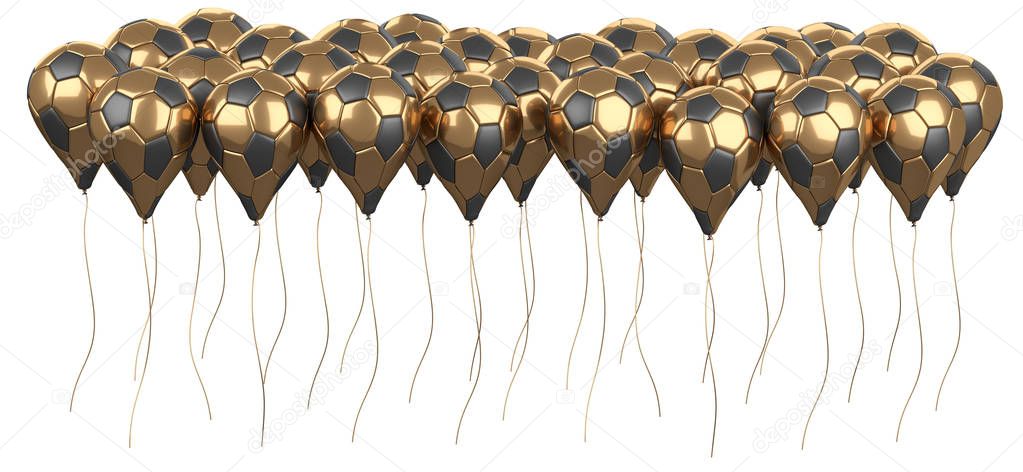 Long row golden balloons in a form soccer balls. Big football fe