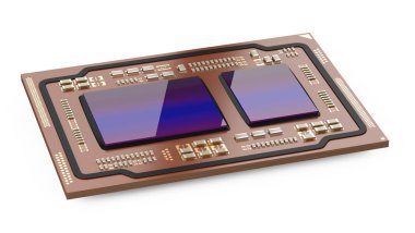 İşlemci tahtası beyaz bir arkaplanda izole edilmiş. Ana kart çipi