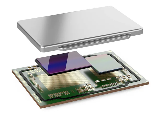Gedemonteerde processor in zijn componenten met chip cpu een — Stockfoto