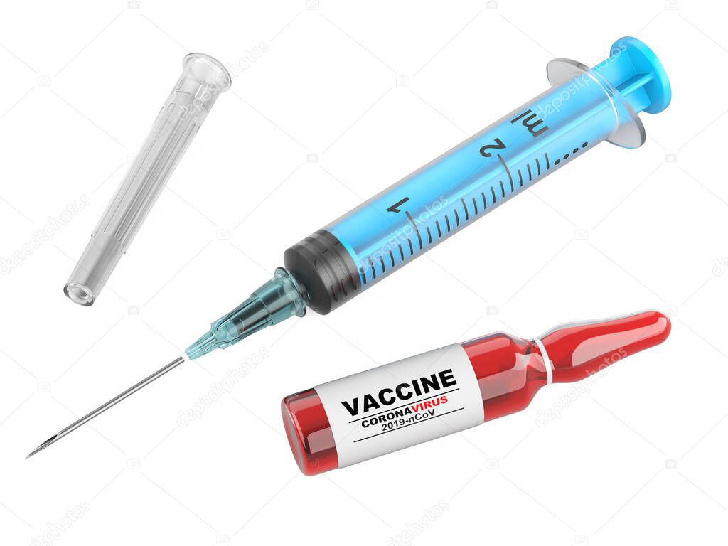 Vaccination against sars virus, coronavirus. Syringe for injecting vaccine and bottle with the drug. Infection pneumonia prevention. 3d illustration isolated over white background.