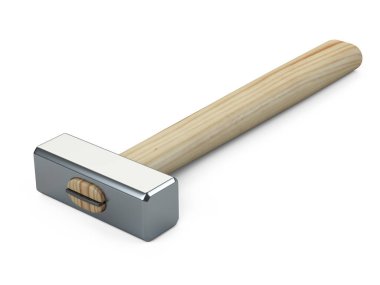 Ahşap saplı büyük bir çekiç. Beyaz arkaplanda izole edilmiş 3d yakın plan illüstrasyon.