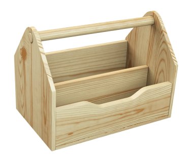 Temel aletler için boş ahşap alet çantası. Beyaz arkaplanda izole edilmiş 3d illüstrasyon.