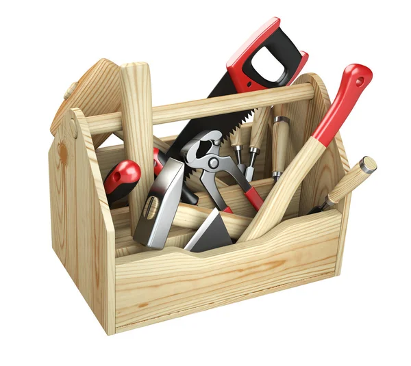 一种木制工具箱 装有斧头 螺丝刀 锯子和钢丝刀 3D在白色背景上孤立的图解 — 图库照片