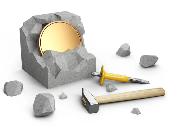 Template Coin Visible Concrete Stone Destroyed Blow Hammer Chisel Business — Stock Photo, Image