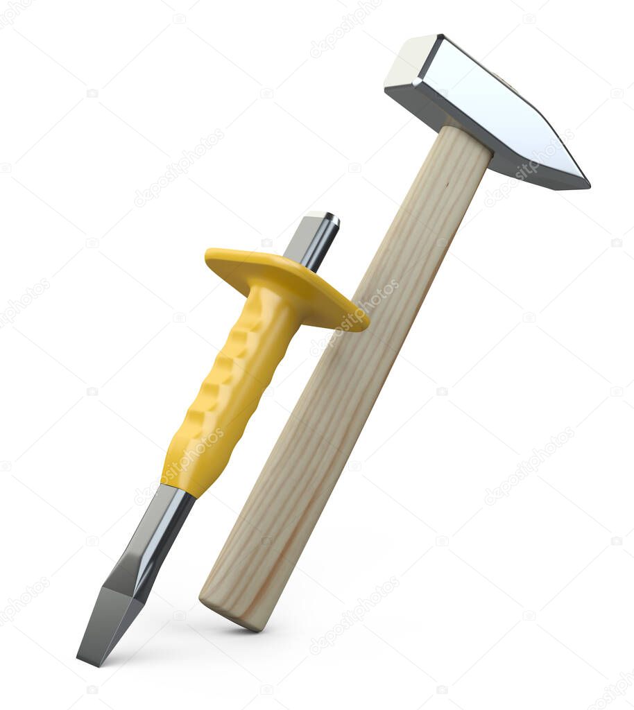 Steel chisel with rubber safety sleeve and large hammer with wooden handle. 3d illustration isolated on a white background.