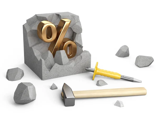 Gold Percentage Sign Concrete Block Hammer Chisel Nearby Discount Concept — Stock Photo, Image