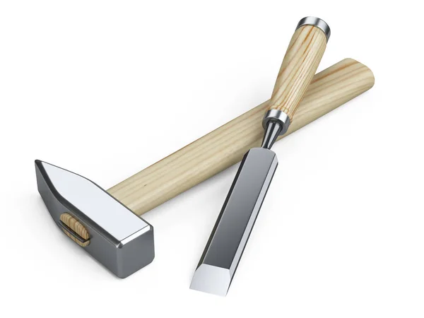 Hammer Chisel Hand Tool Wooden Handles Illustration Isolated White Background — Stock Photo, Image
