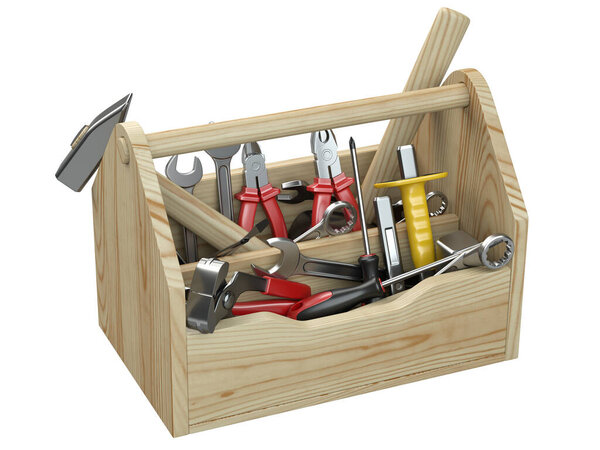 Wooden box for your toolbox. Next to which is an ax, a chisel, a chisel, pliers, a mallet, a hammer, a screwdriver, a wrench, a saw and nippers. 3d illustration isolated on a white background.