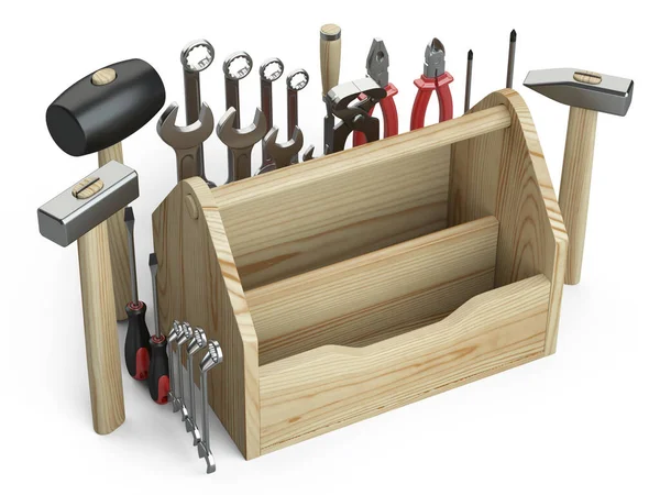 Wooden Box Your Toolbox Next Which Chisel Chisel Pliers Mallet — Stock Photo, Image