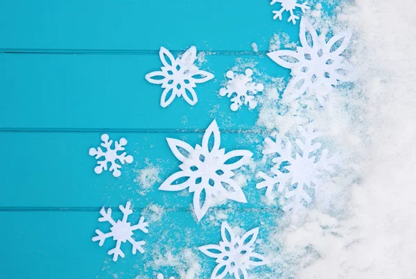 Padrão Inverno Com Flocos Neve Textura Madeira Azul Com Neve — Fotografia de Stock