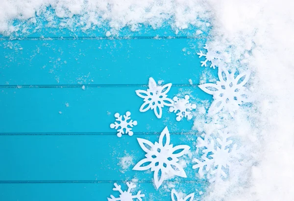 Χειμερινό Μοτίβο Νιφάδες Χιονιού Μπλε Υφή Ξύλου Χιόνι Χριστουγεννιάτικο Φόντο — Φωτογραφία Αρχείου