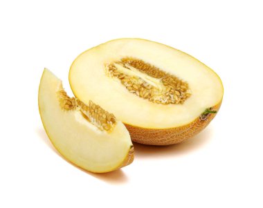 Beyaz arka planda izole edilmiş kavun dilimleri. Turuncu kavun kırpma yolu .