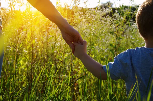 Las Manos Del Padre Niño Pequeño Campo Carretera —  Fotos de Stock