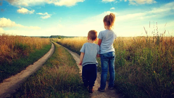 Küçük bir çocuk ve kız tarlada manzaraya bakıyorlar.