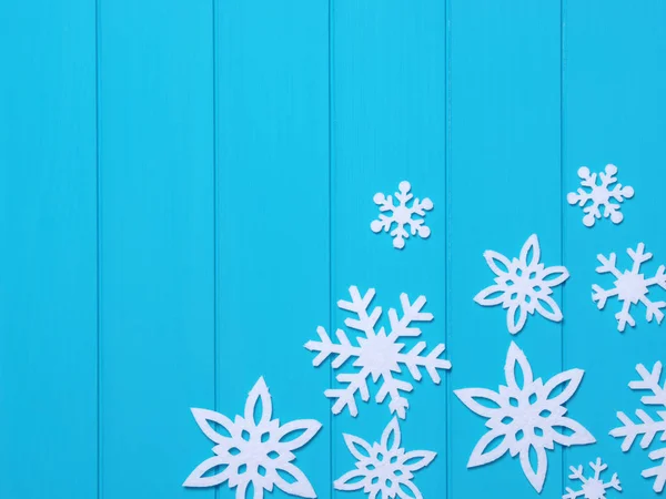 Flocons Neige Étoiles Sur Fond Bois Bleu — Photo