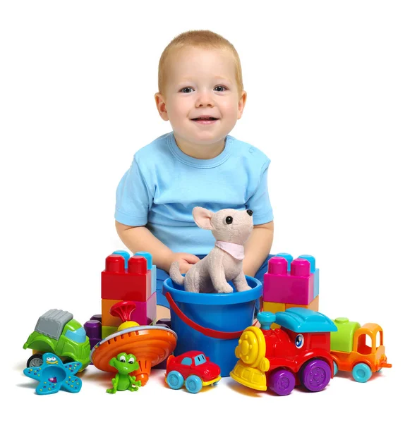 Menino Brinquedos Isolados Fundo Branco — Fotografia de Stock
