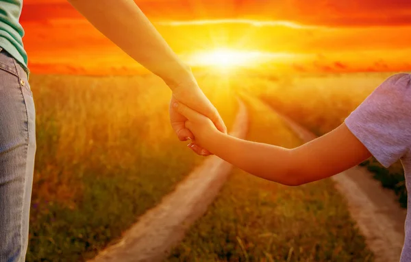 Руки Матері Дочки Тримають Один Одного Полі Дорозі Сонці — стокове фото