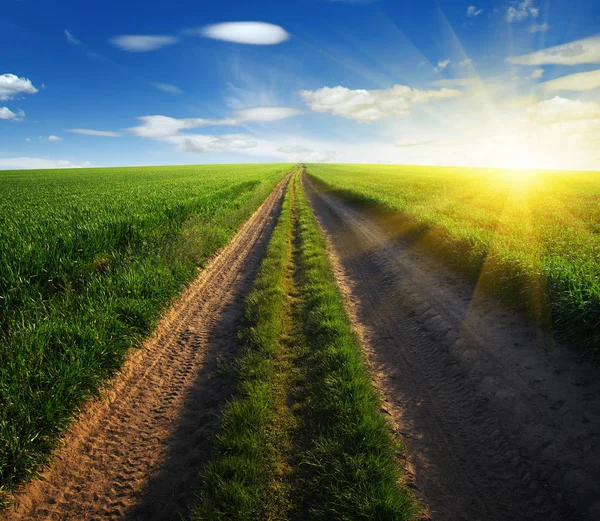 Estrada Campo Céu Azul Com Nuvens — Fotografia de Stock