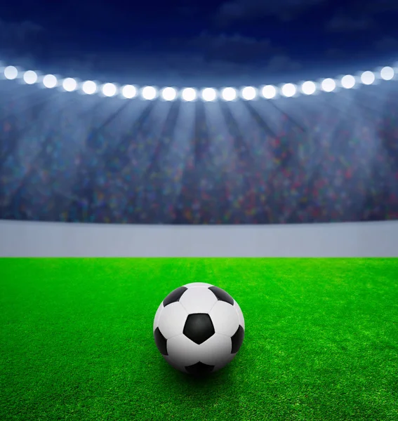 Fußball Auf Grünem Stadion Arena Der Nacht Beleuchtet Helle Scheinwerfer — Stockfoto