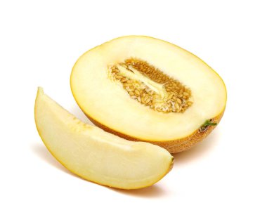 Beyaz arka planda izole edilmiş kavun dilimleri. Turuncu kavun kırpma yolu .